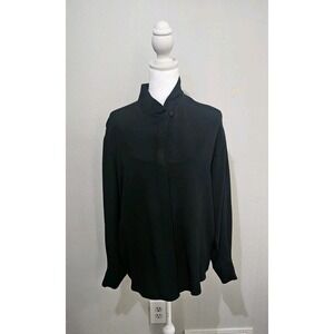 Neiman Marcus 100% Silk Button-Down Blouse Sz 6 Black Minimalist Preppy Office